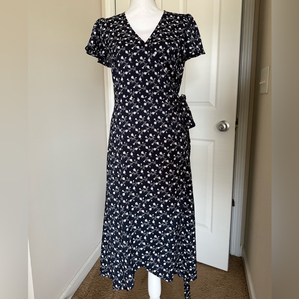 LOFT Navy Floral Wrap Dress with Flutter Sleeve